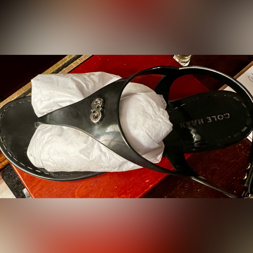 Cole Haan black patent leather “Tali Bow Sandal”. Worn only twice
